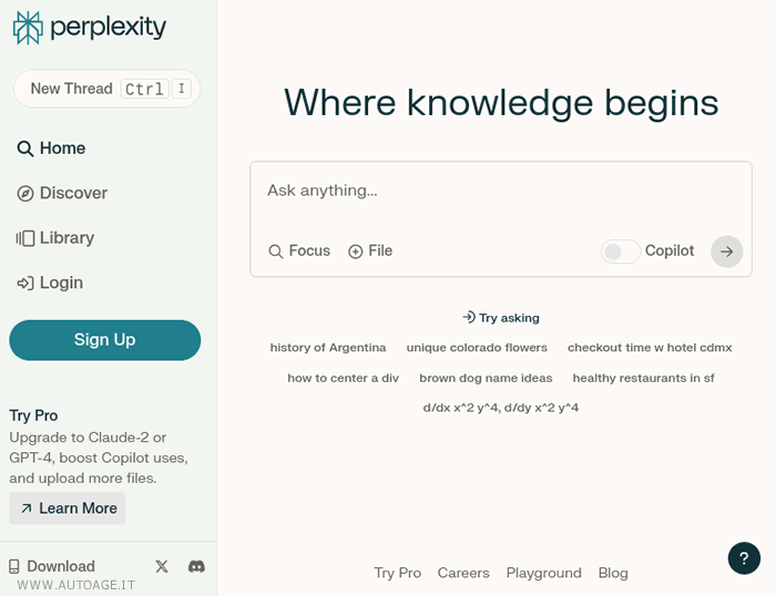 la home page di perplexity